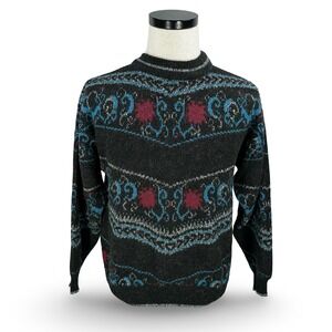 Adam Sloane Mens Vintage Geometric Floral Knit Sweater Black Blue Magenta Medium
